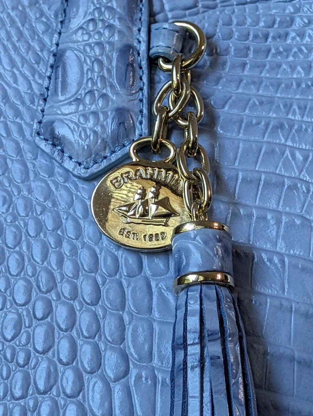 Brahmin Medium Asher Tote in Light Blue Croc-Embossed Tote Bag with Tassel Charm